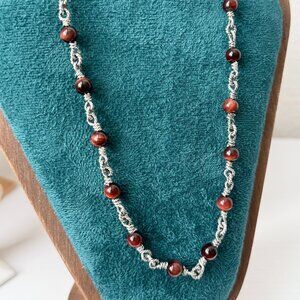 David Yurman .925 Sterling Silver Red Tiger's Eye Rosary Bead Necklace 23"